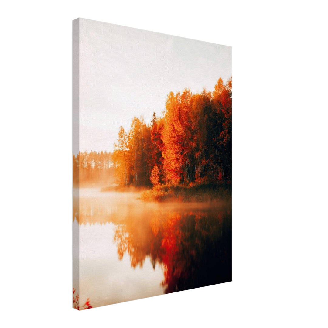 Herbstnebel am See Leinwandbild – Schräge Ansicht – Produktfoto