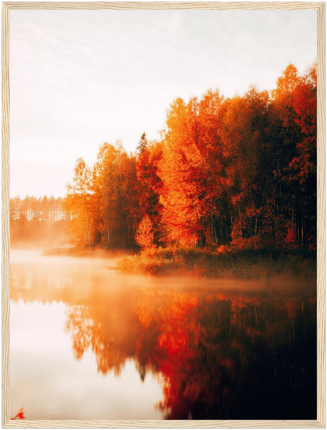Herbstnebel am See Poster – Holz natur Rahmen – Produktfoto