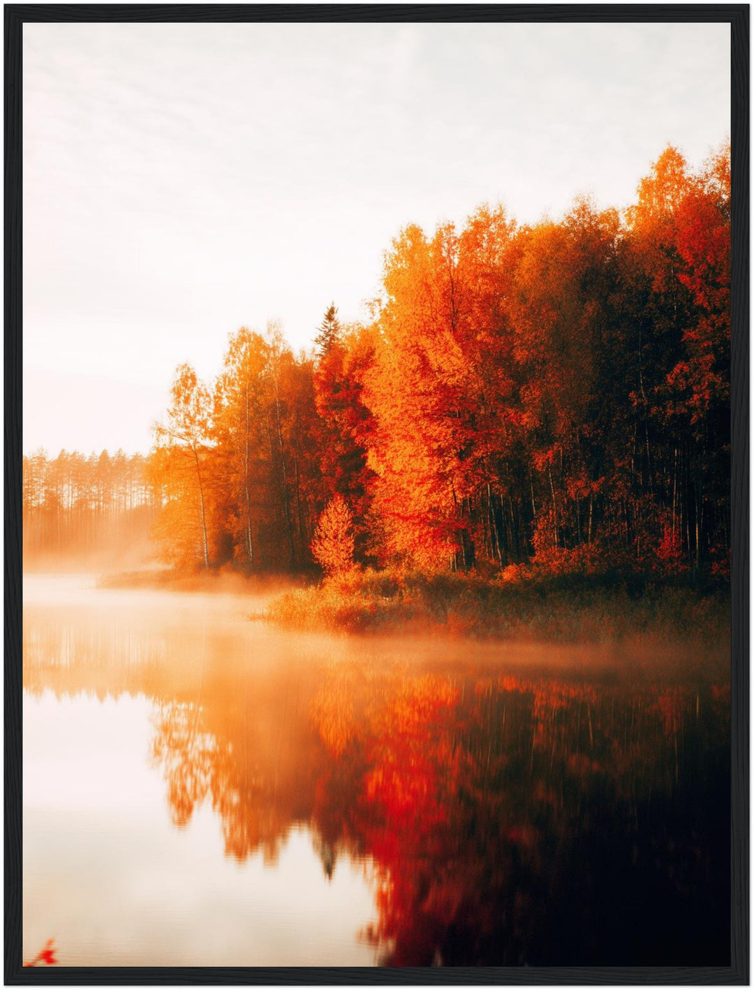 Herbstnebel am See Poster – Schwarzer Rahmen – Produktfoto