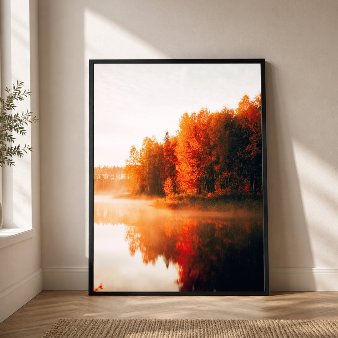 Herbstnebel am See Poster – Schwarzer Rahmen – Produktfoto