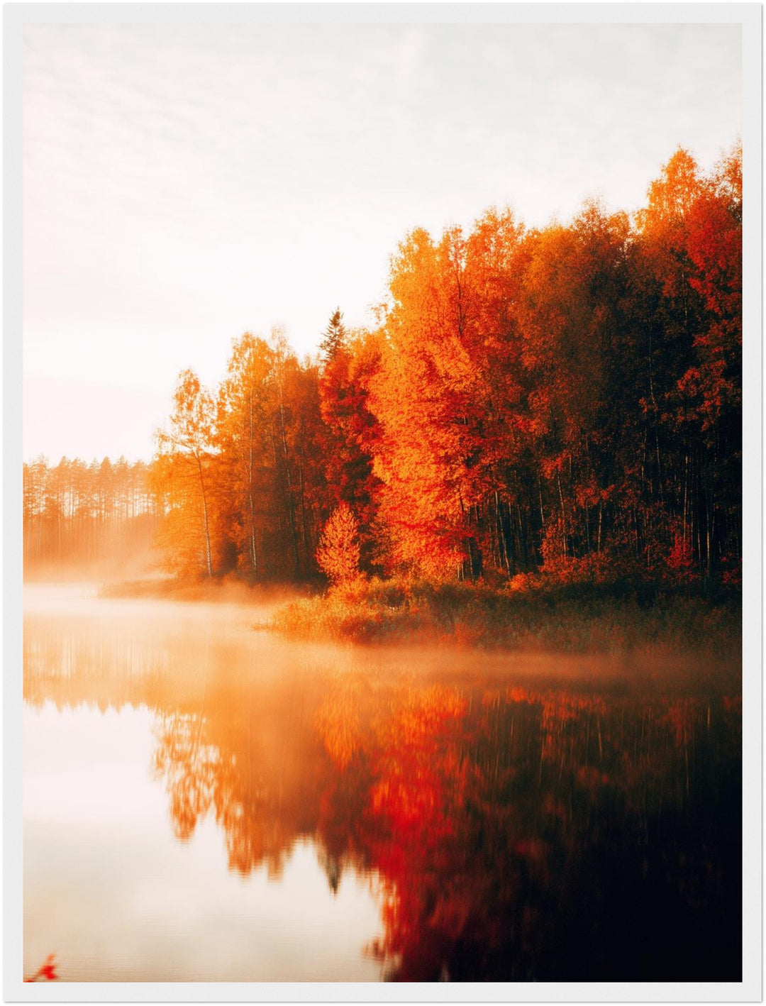 Herbstnebel am See Poster – Weißer Rahmen – Produktfoto