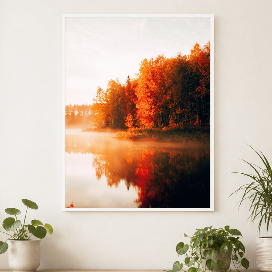 Herbstnebel am See Poster – Weißer Rahmen – Produktfoto