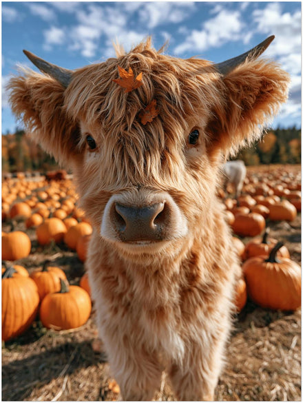 Highland-Kalb im Kürbisfeld — Herbst-Poster