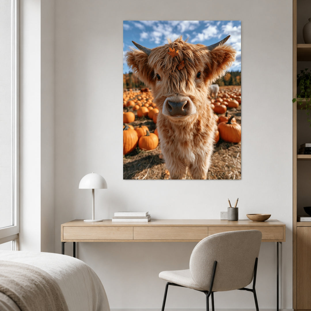 Herbstkälbchen im Kürbisfeld Leinwandbild – Ohne Rahmen – Produktfoto