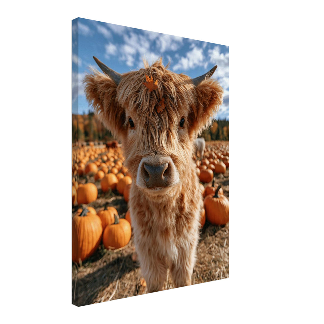 Herbstkälbchen im Kürbisfeld Leinwandbild – Schräge Ansicht – Produktfoto