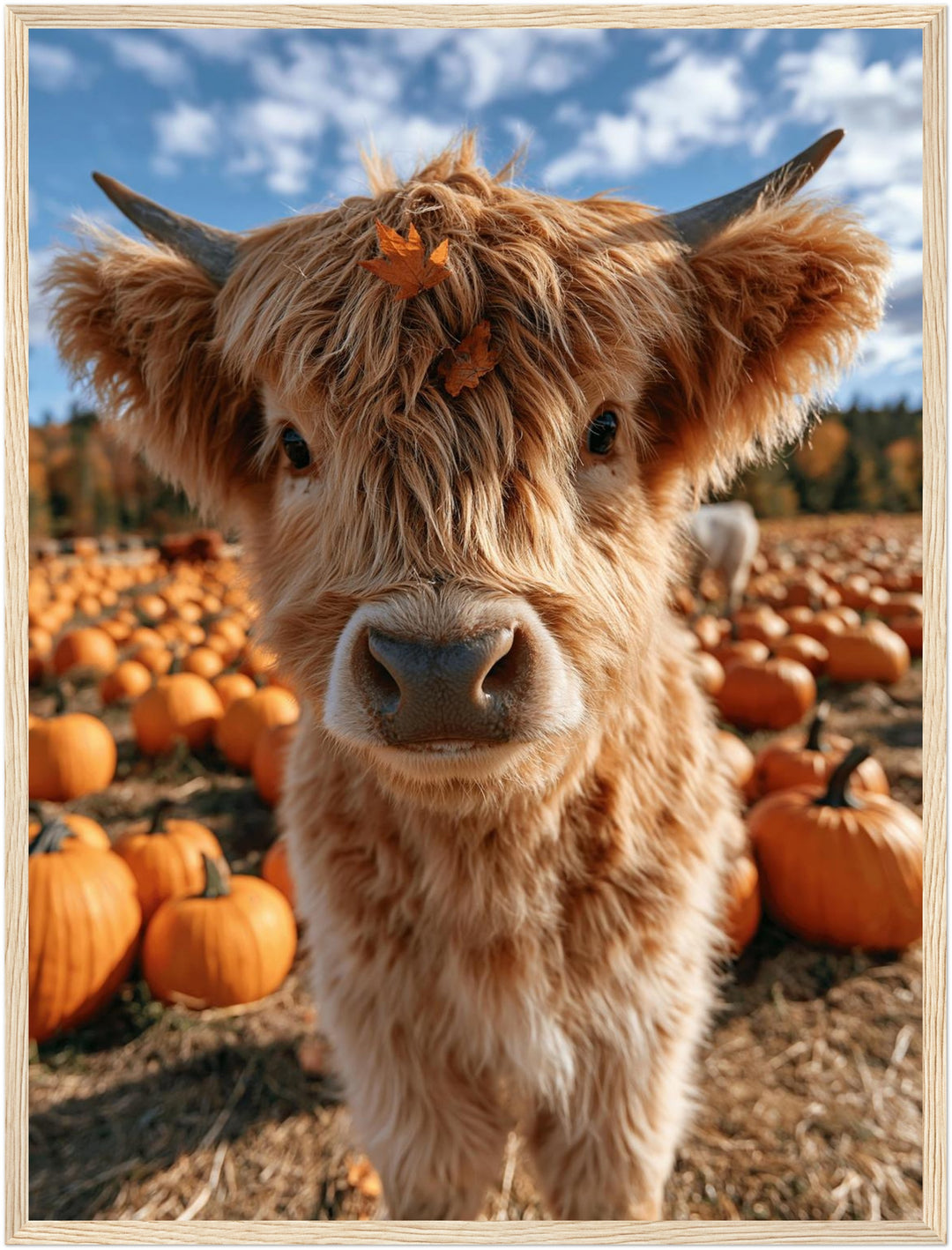Herbstkälbchen im Kürbisfeld Poster – Holz natur Rahmen – Produktfoto