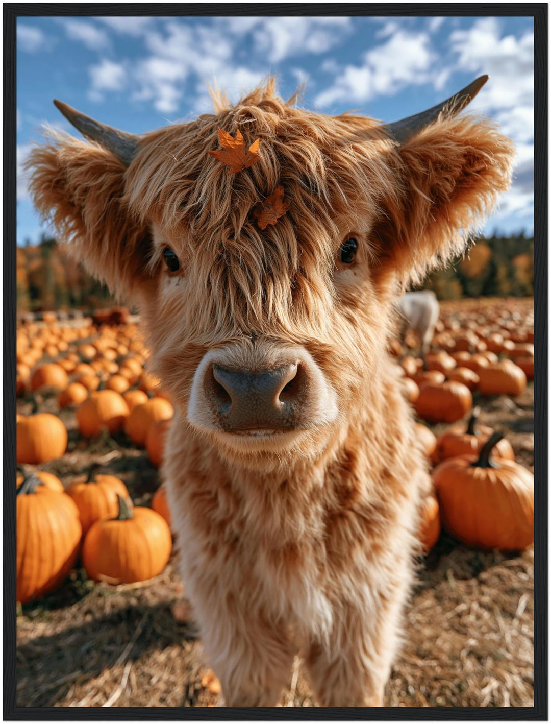 Herbstkälbchen im Kürbisfeld Poster – Schwarzer Rahmen – Produktfoto
