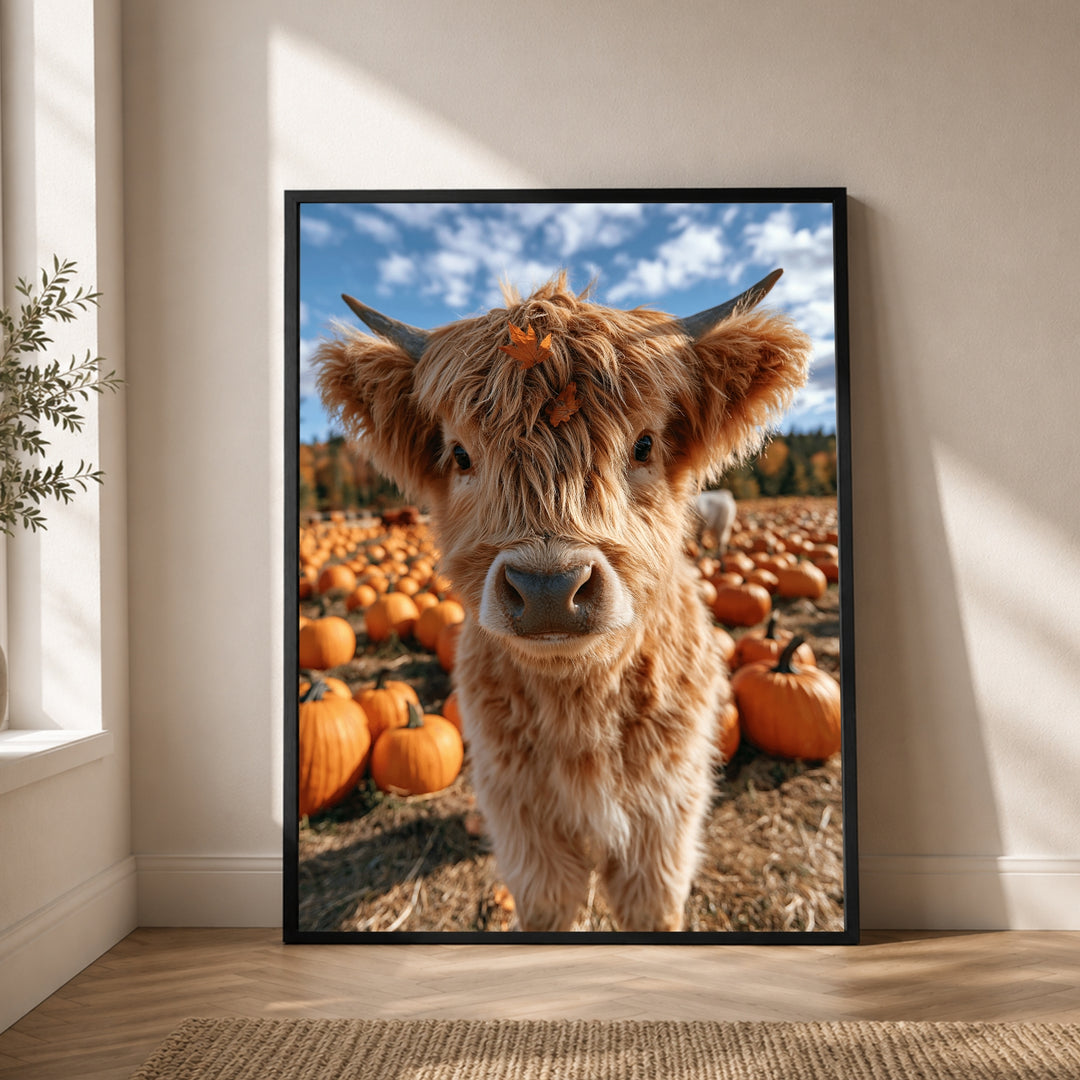 Herbstkälbchen im Kürbisfeld Poster – Schwarzer Rahmen – Produktfoto