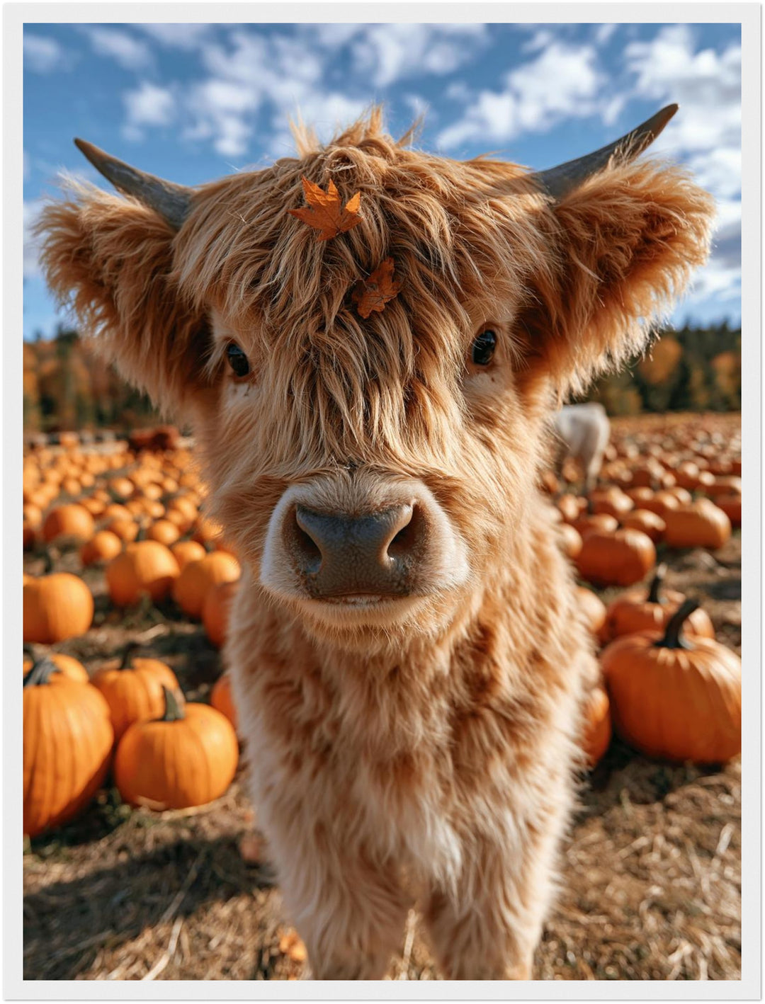 Herbstkälbchen im Kürbisfeld Poster – Weißer Rahmen – Produktfoto