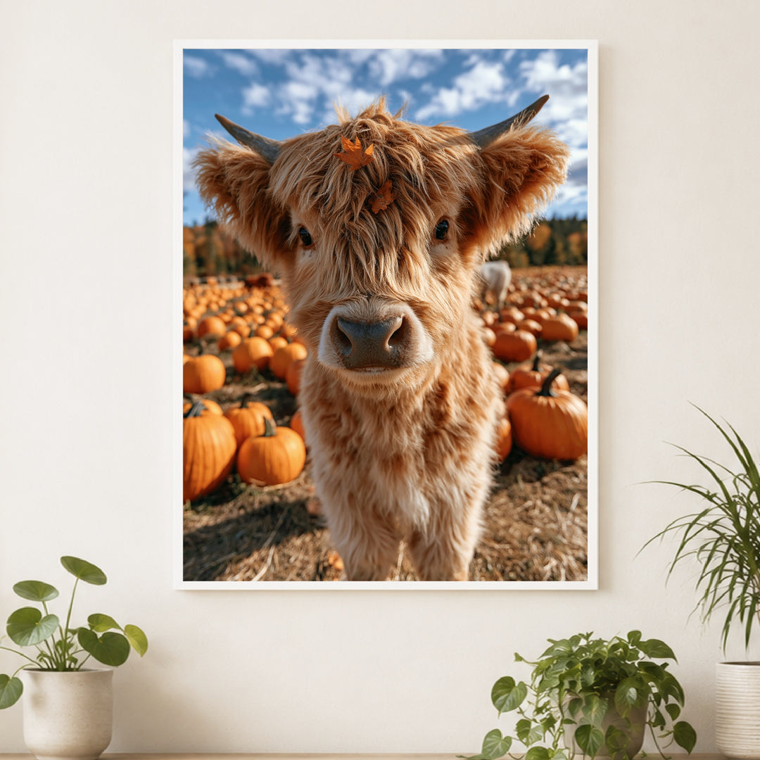 Herbstkälbchen im Kürbisfeld Poster – Weißer Rahmen – Produktfoto