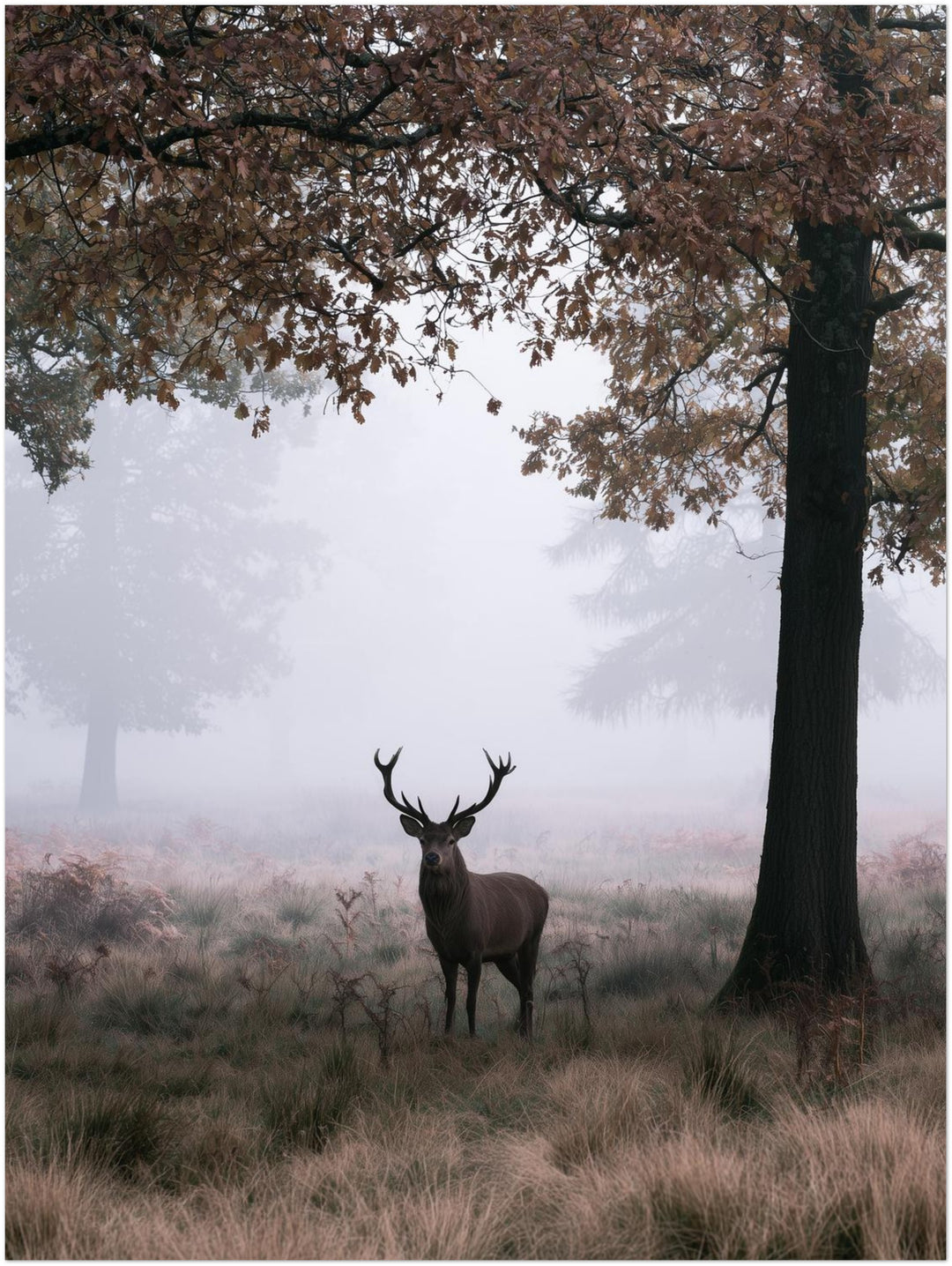 Hirsch im Herbstnebel Poster – Ohne Rahmen – Produktfoto