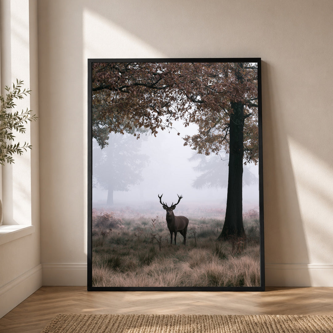 Hirsch im Herbstnebel Poster – Schwarzer Rahmen – Produktfoto