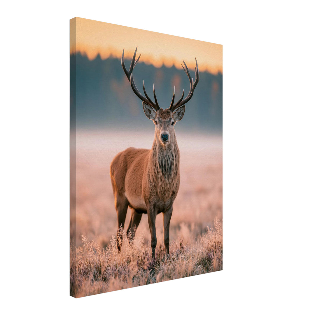 Hirsch im Morgenlicht Leinwandbild – Schräge Ansicht – Produktfoto