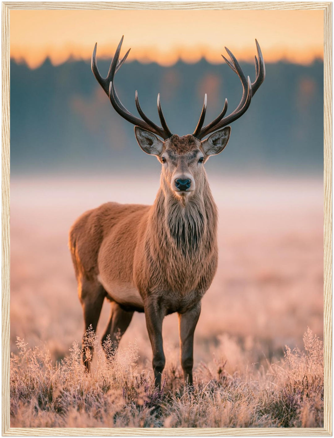Hirsch im Morgenlicht Poster – Holz natur Rahmen – Produktfoto