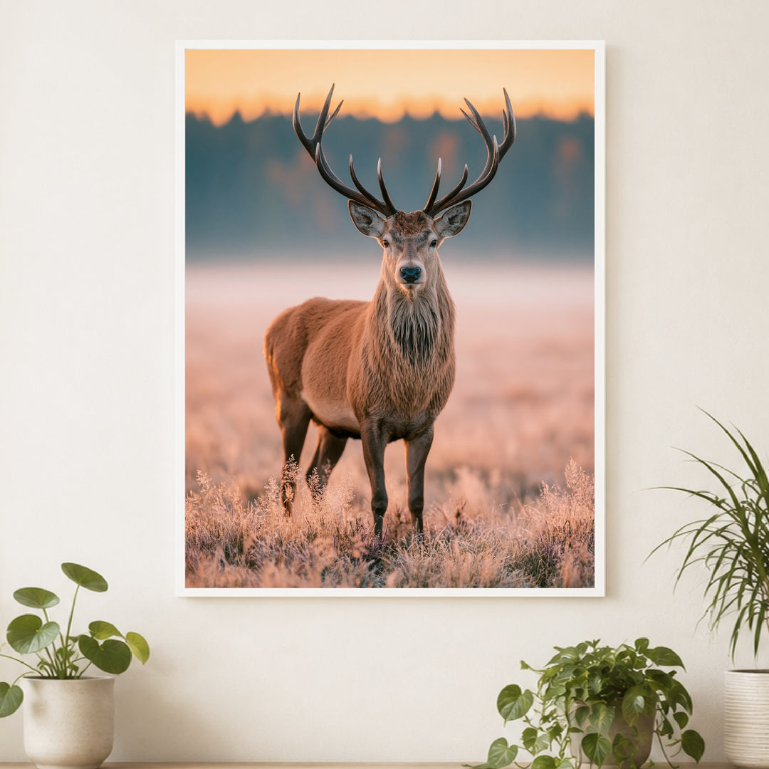 Hirsch im Morgenlicht Poster – Weißer Rahmen – Produktfoto