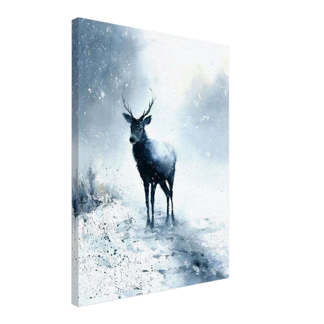 Hirsch im Schneesturm Leinwandbild – Schräge Ansicht – Produktfoto