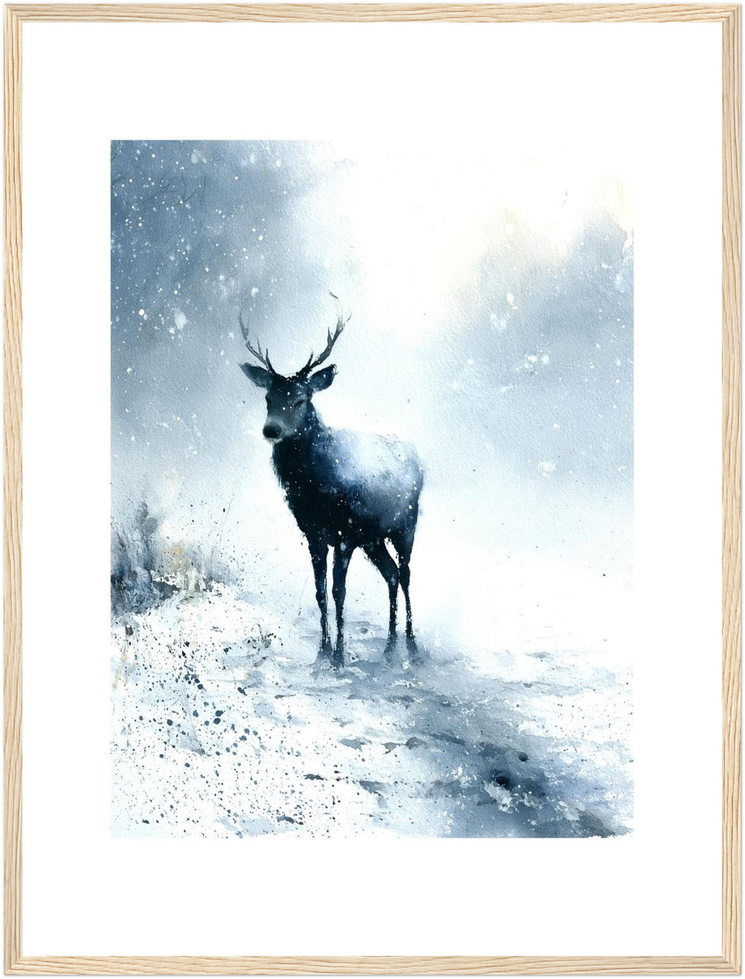 Hirsch im Schneesturm Poster – Holz natur Rahmen – Produktfoto