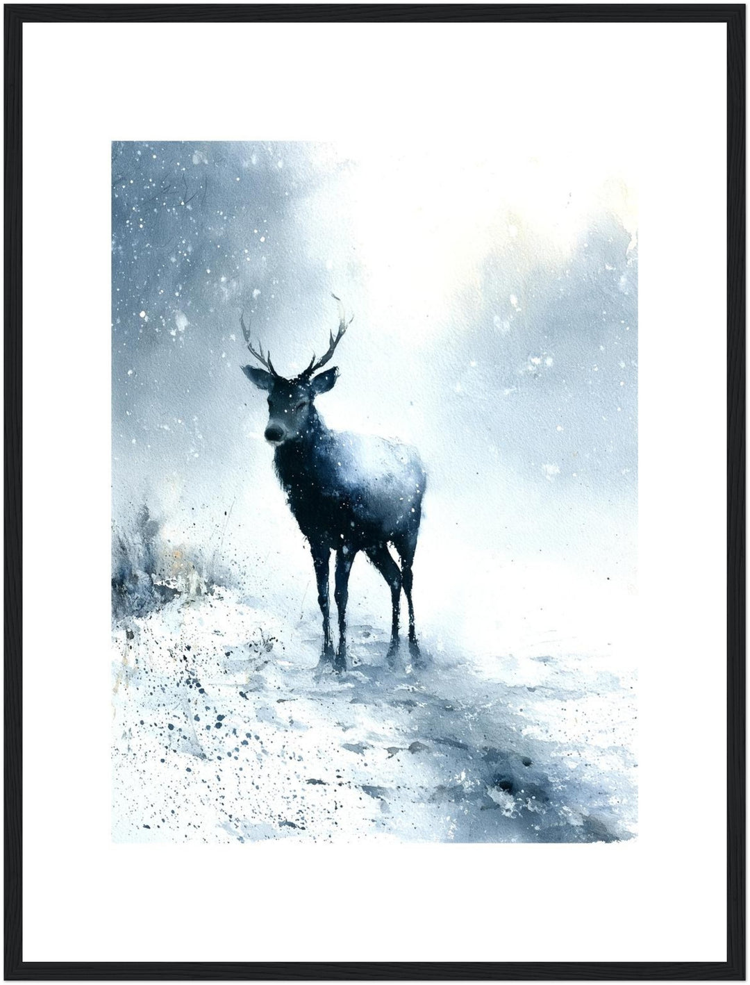 Hirsch im Schneesturm Poster – Schwarzer Rahmen – Produktfoto