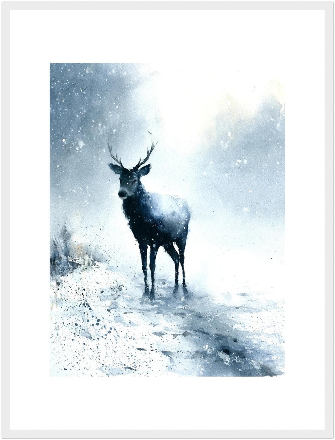 Hirsch im Schneesturm Poster – Weißer Rahmen – Produktfoto