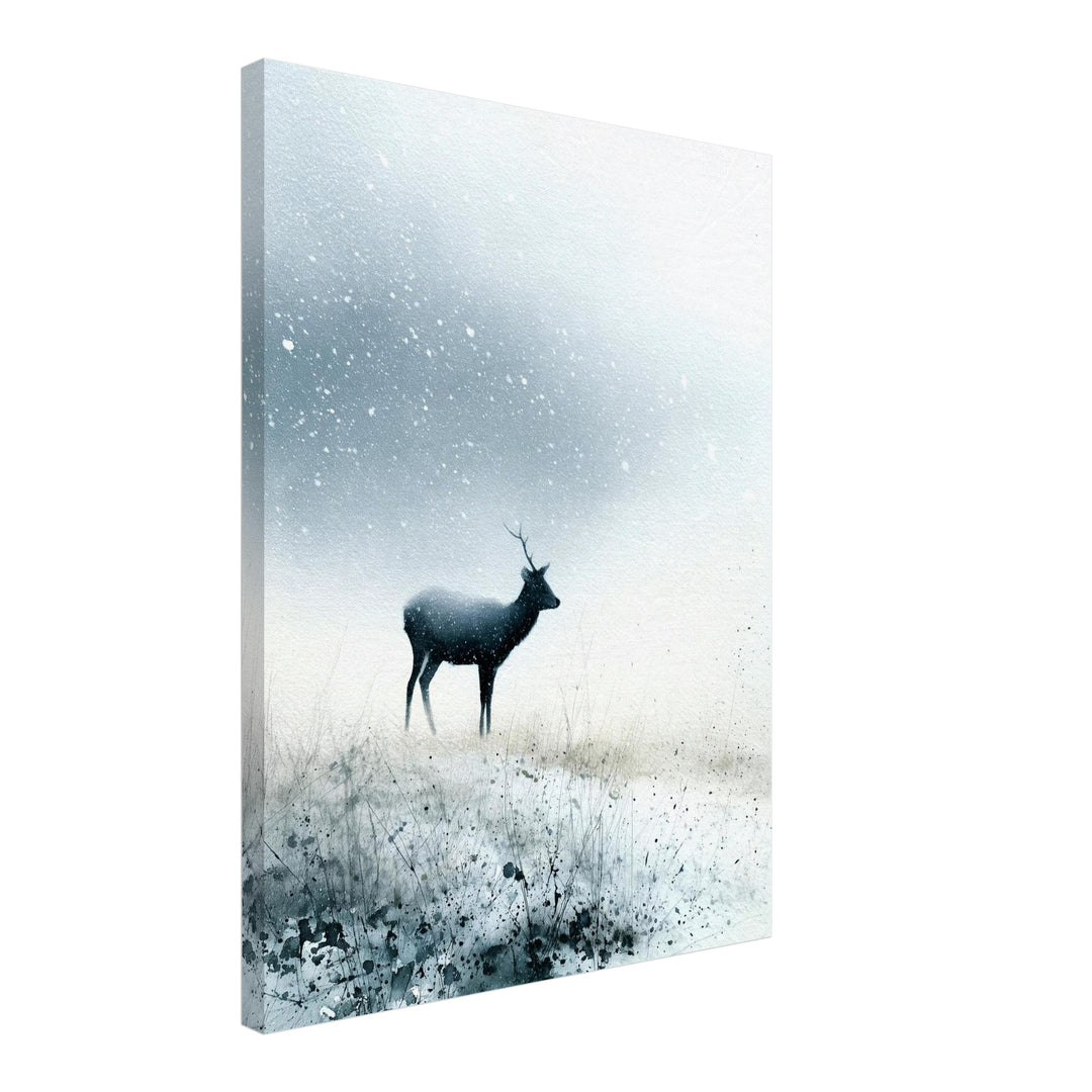 Hirsch im Schneetreiben Leinwandbild – Schräge Ansicht – Produktfoto