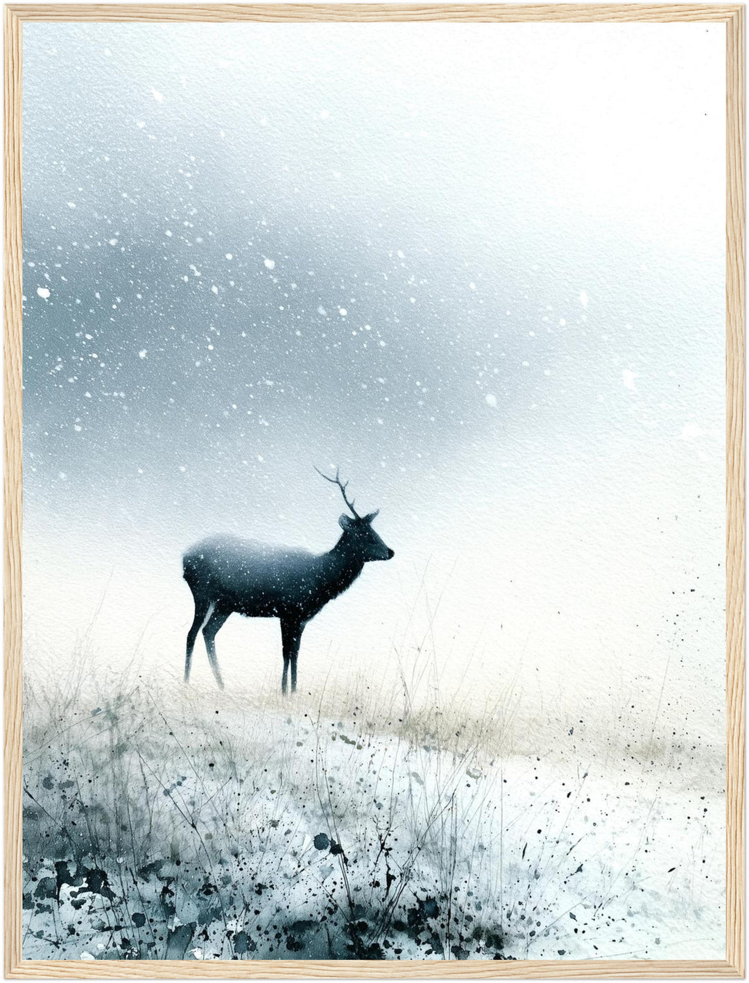 Hirsch im Schneetreiben Poster – Holz natur Rahmen – Produktfoto