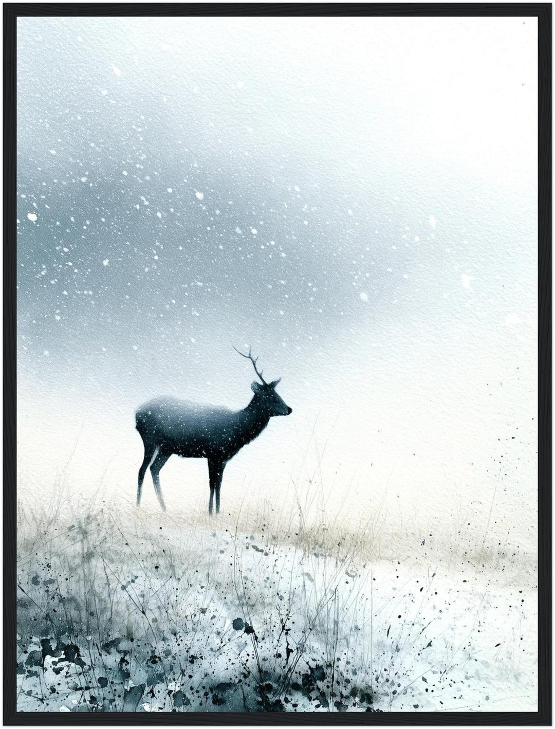Hirsch im Schneetreiben Poster – Schwarzer Rahmen – Produktfoto