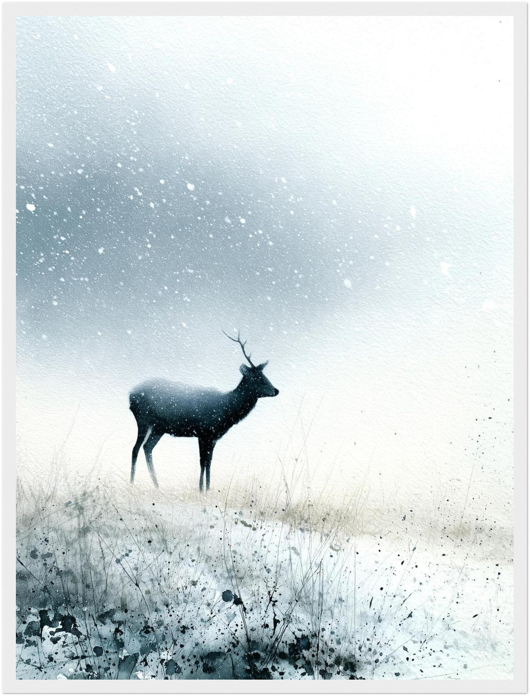 Hirsch im Schneetreiben Poster – Weißer Rahmen – Produktfoto