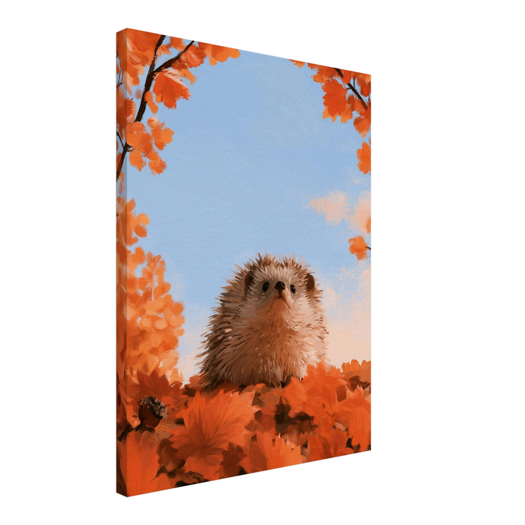 Igel unterm Herbsthimmel Leinwandbild – Schräge Ansicht – Produktfoto