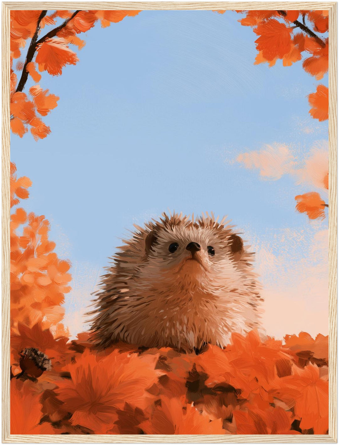 Igel unterm Herbsthimmel Poster – Holz natur Rahmen – Produktfoto