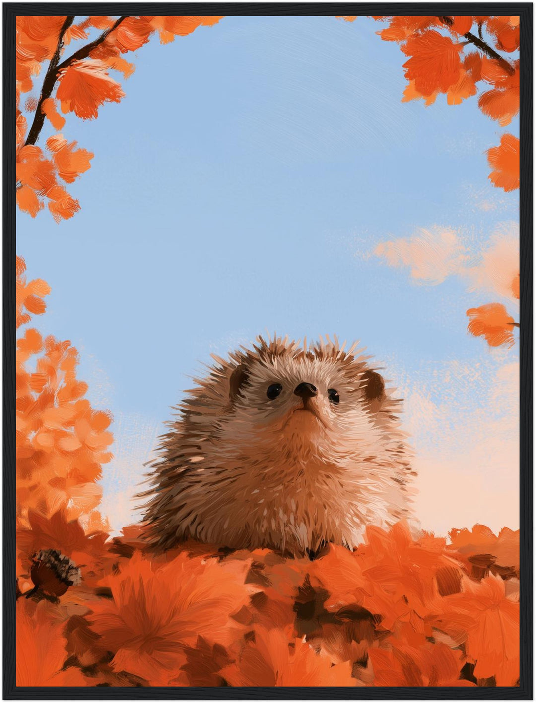 Igel unterm Herbsthimmel Poster – Schwarzer Rahmen – Produktfoto