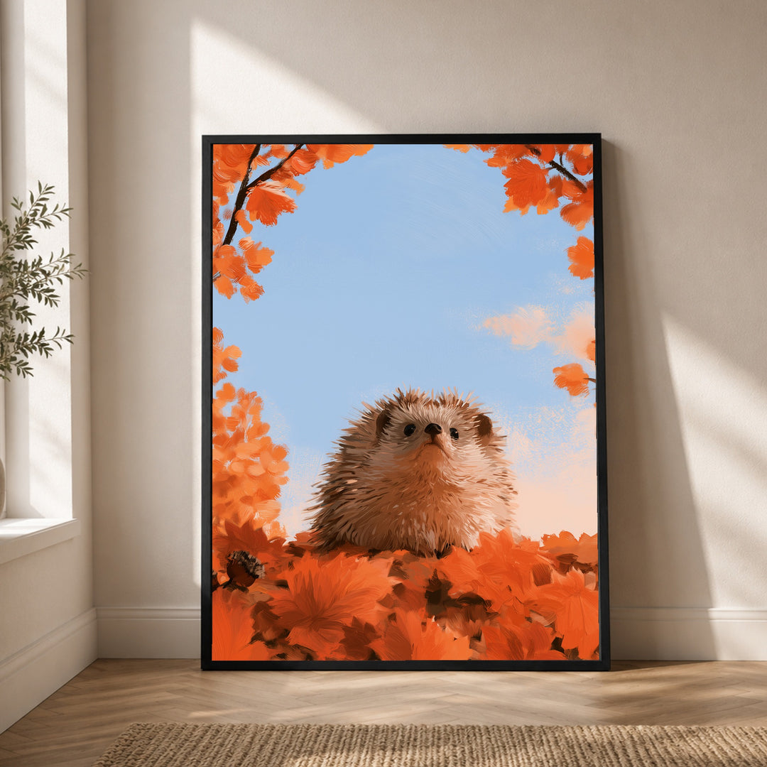 Igel unterm Herbsthimmel Poster – Schwarzer Rahmen – Produktfoto
