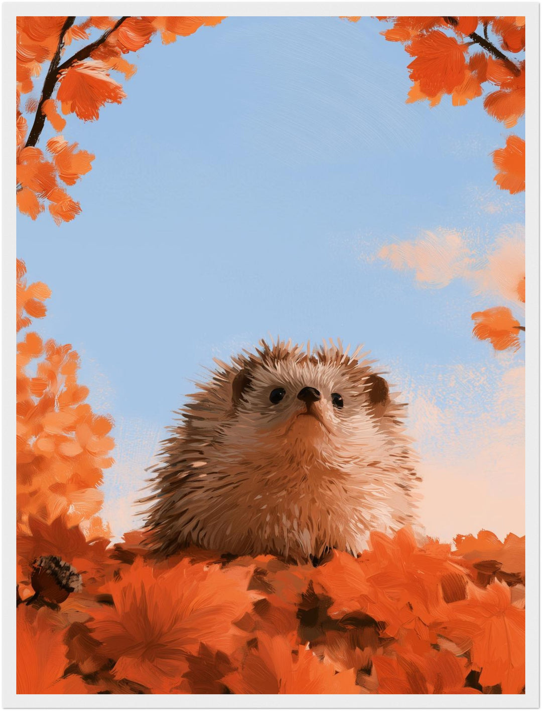 Igel unterm Herbsthimmel Poster – Weißer Rahmen – Produktfoto