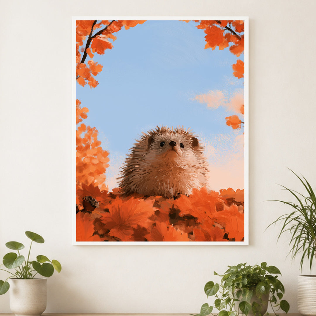 Igel unterm Herbsthimmel Poster – Weißer Rahmen – Produktfoto