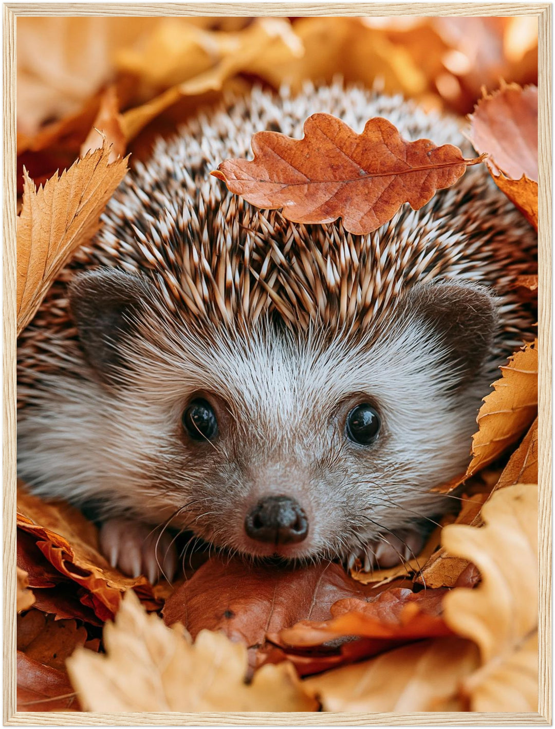 Igel im Herbstlaub Poster – Holz natur Rahmen – Produktfoto