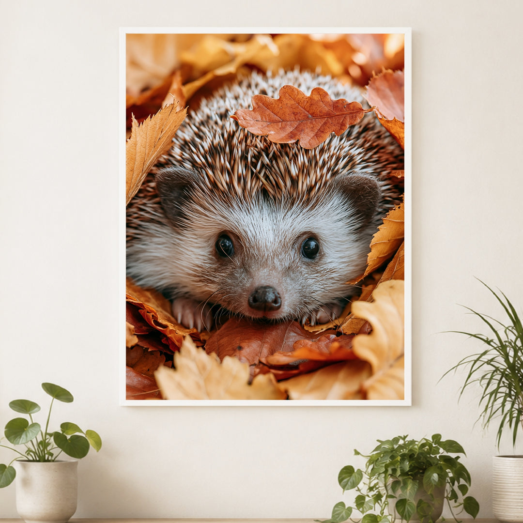 Igel im Herbstlaub Poster – Weißer Rahmen – Produktfoto