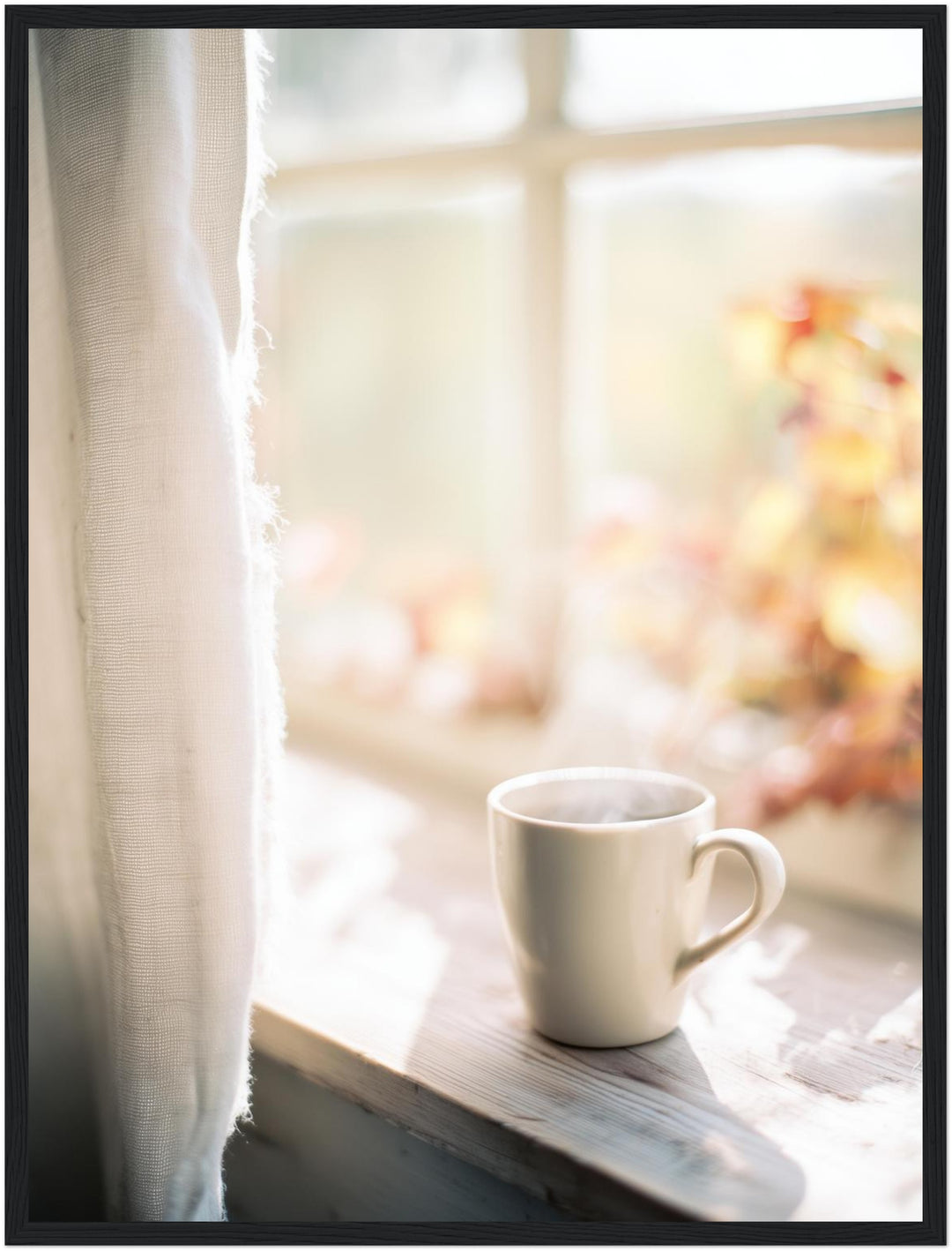 Stille Morgentasse am Fenster Poster – Schwarzer Rahmen – Produktfoto