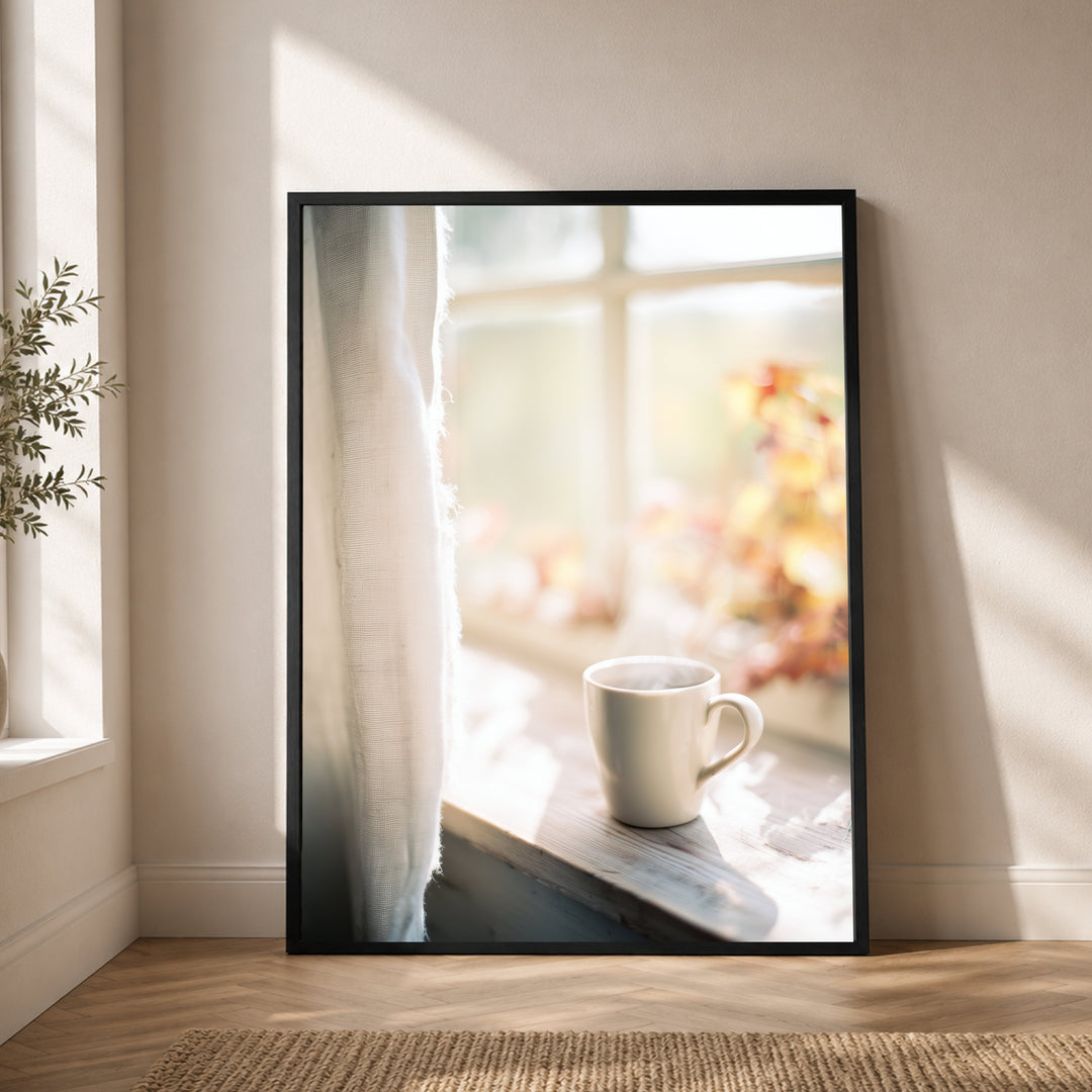 Stille Morgentasse am Fenster Poster – Schwarzer Rahmen – Produktfoto