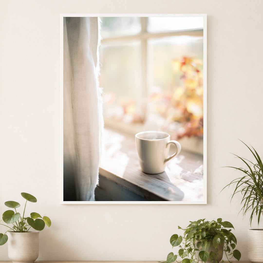 Stille Morgentasse am Fenster Poster – Weißer Rahmen – Produktfoto