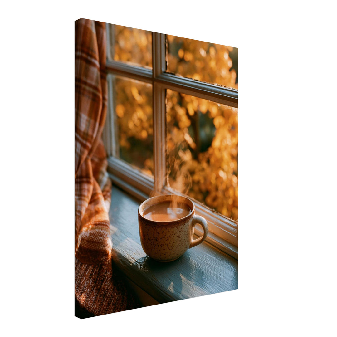 Herbstmorgen am Fenster Leinwandbild – Schräge Ansicht – Produktfoto