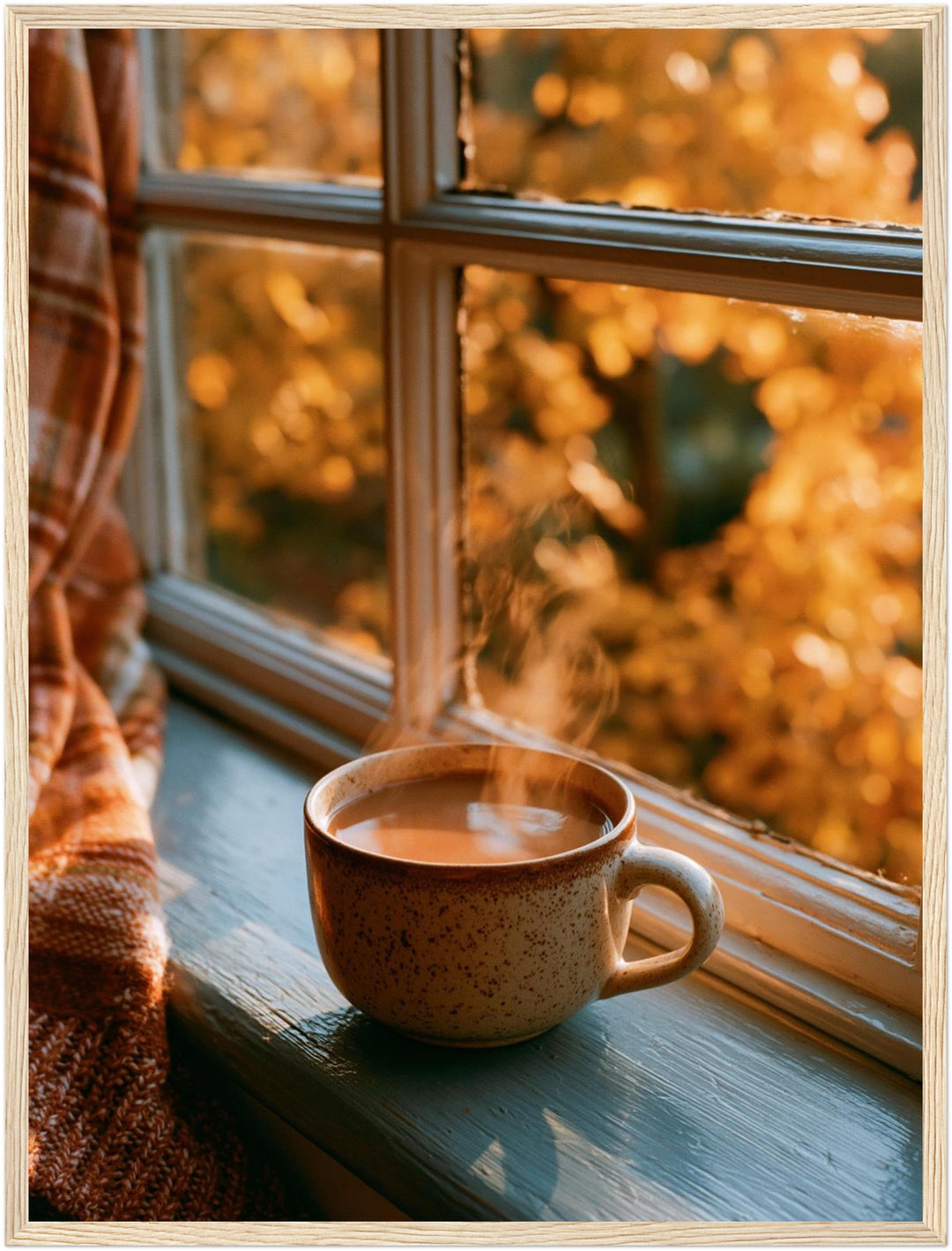 Herbstmorgen am Fenster Poster – Holz natur Rahmen – Produktfoto