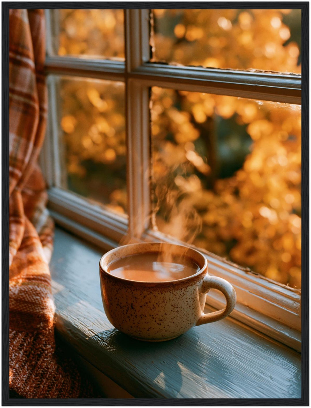 Herbstmorgen am Fenster Poster – Schwarzer Rahmen – Produktfoto