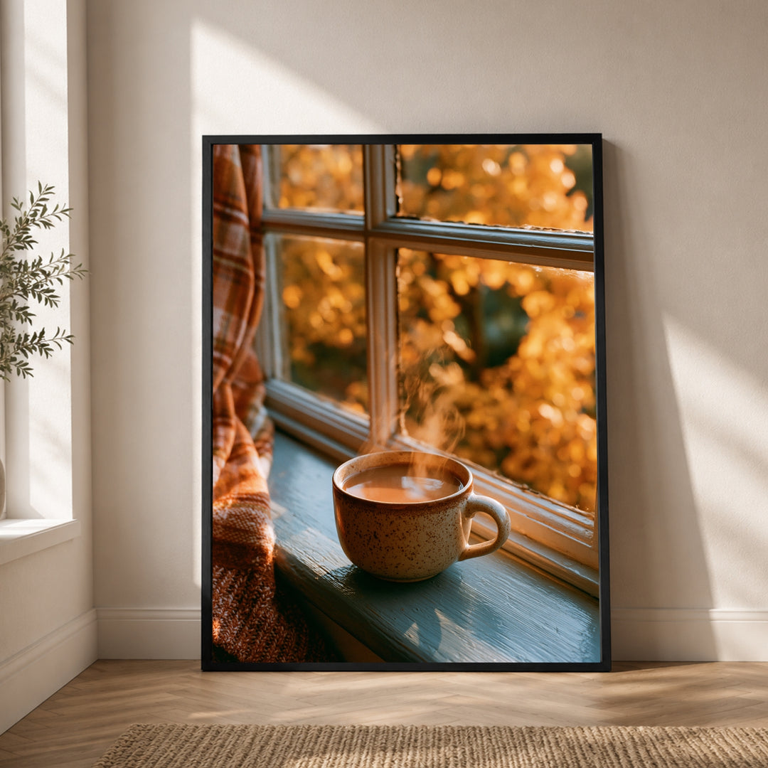 Herbstmorgen am Fenster Poster – Schwarzer Rahmen – Produktfoto