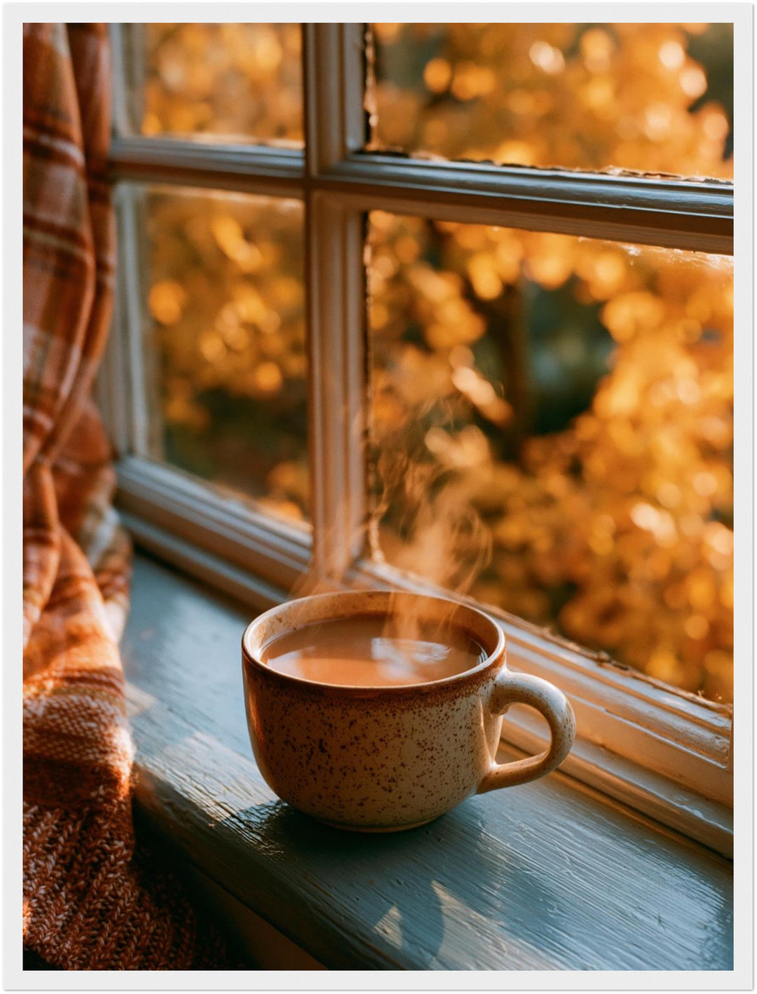 Herbstmorgen am Fenster Poster – Weißer Rahmen – Produktfoto
