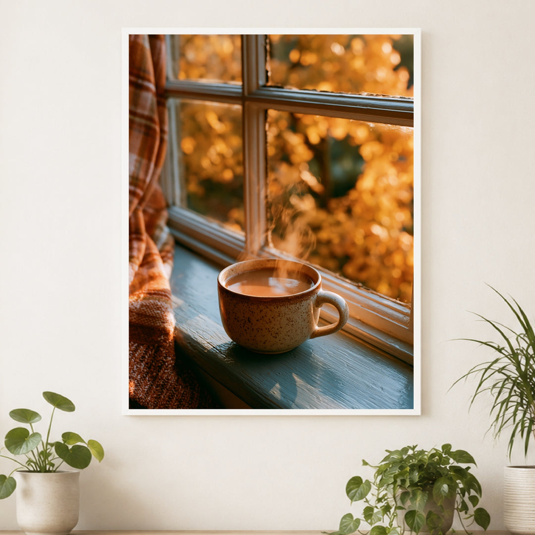 Herbstmorgen am Fenster Poster – Weißer Rahmen – Produktfoto