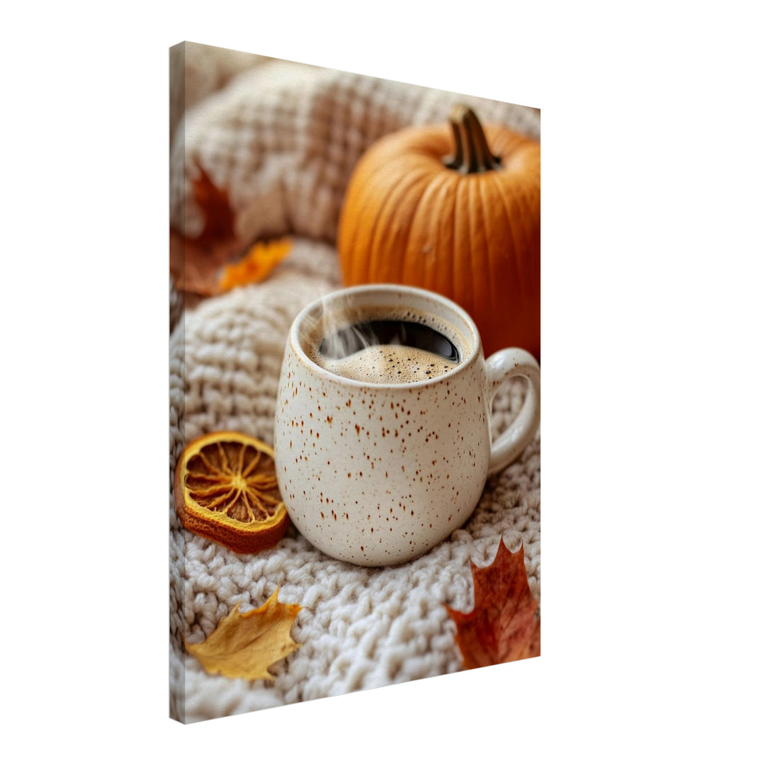 Herbststillleben mit Kaffee Leinwandbild – Schräge Ansicht – Produktfoto