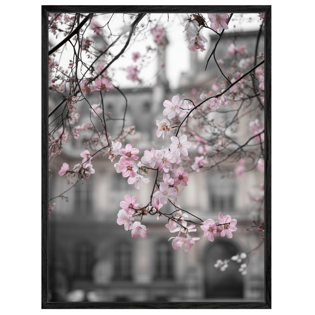 Kirschblüten vor Stadtfassade Leinwandbild abstrakt – Leinwand auf Holzrahmen – Ansicht 4