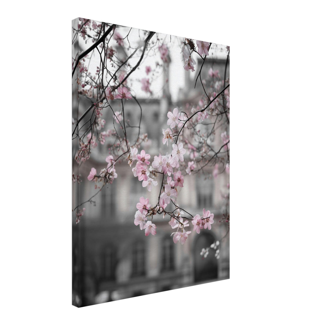 Kirschblüten vor Stadtfassade Leinwandbild abstrakt – Leinwand auf Holzrahmen – Ansicht 2
