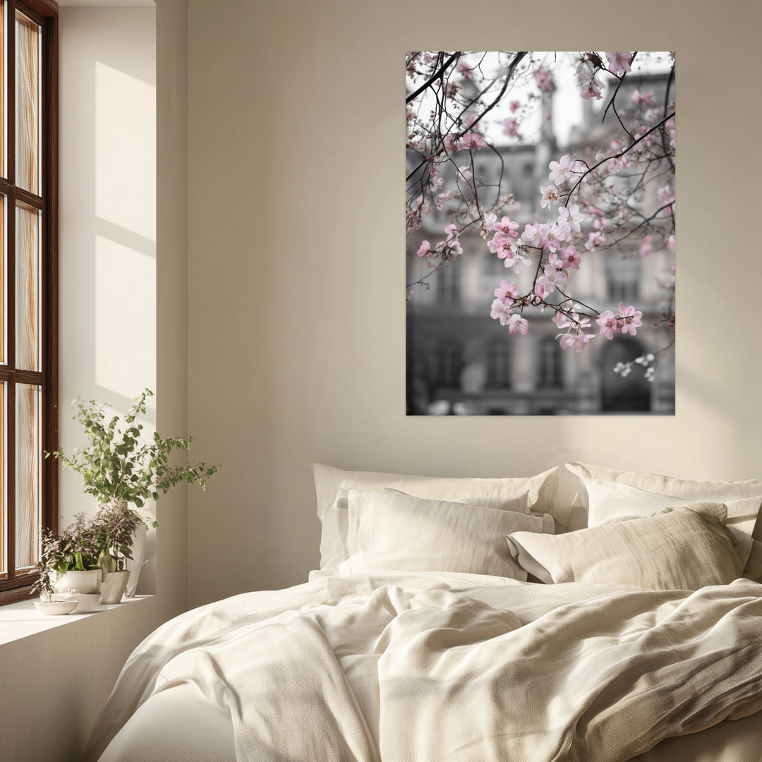 Kirschblüten vor Stadtfassade Leinwandbild abstrakt – Leinwand auf Holzrahmen – Ansicht 3