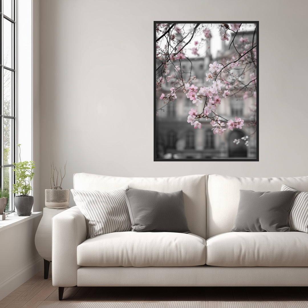 Kirschblüten vor Stadtfassade Poster abstrakt – mattes Kunstdruck-Papier – Ansicht 3