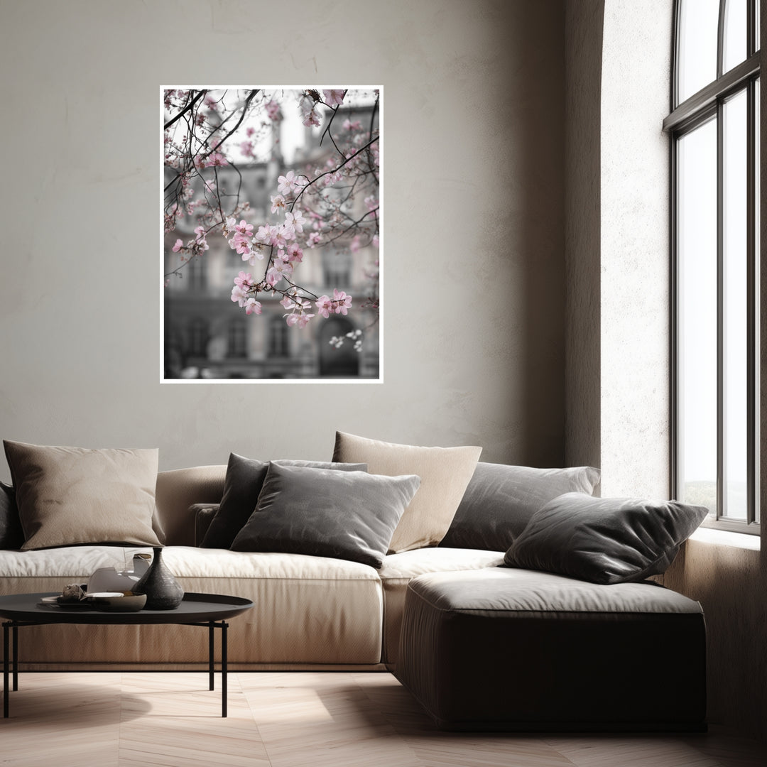 Kirschblüten vor Stadtfassade Poster abstrakt – mattes Kunstdruck-Papier – Ansicht 4